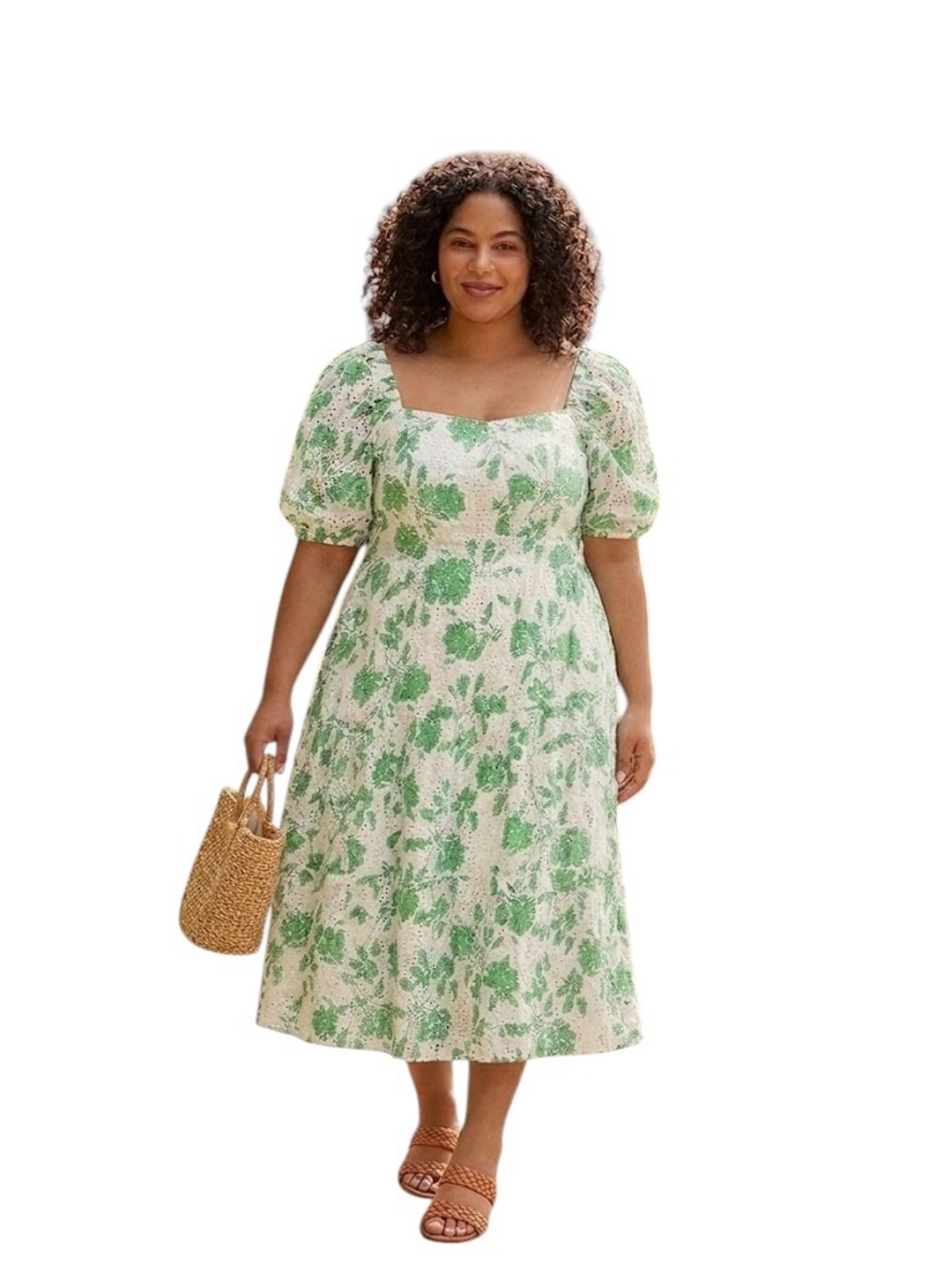 NWT Rachel Parcell Green Stencil Floral Eyelet Puff-Sleeve Midi Dress